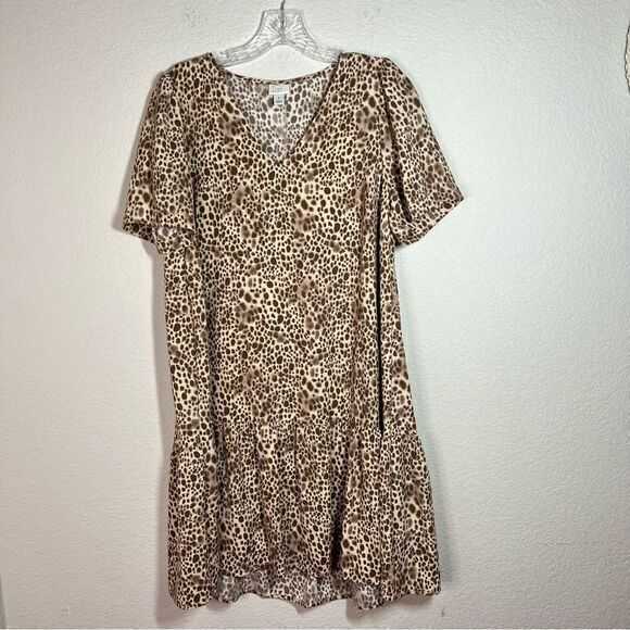 A New Day Brown Cheetah Print V Neck Short Sleeves Tiered Shift‎ Dress Women's S - Picture 1 of 7